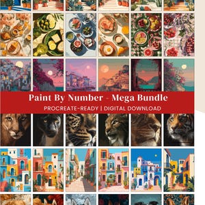 Pode incluir: Um pacote de download digital com designs de pintura por números. A coleção inclui imagens de comida, paisagens e retratos de animais. O texto "Paint By Number - Mega Bundle" é exibido em uma faixa vermelha.