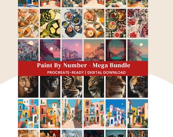Op de afbeelding: Een digitale downloadbundel met schilderen-op-nummer ontwerpen. De collectie bevat afbeeldingen van voedsel, landschappen en dierenportretten. De tekst "Paint By Number - Mega Bundle" wordt weergegeven op een rode banner.