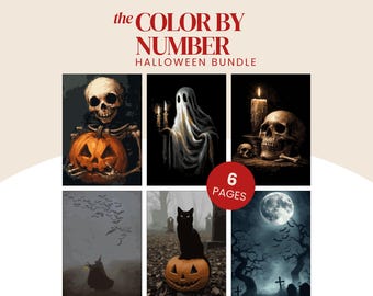 May include: A digital colour by number Halloween bundle featuring 6 pages of illustrations including a skeleton with a pumpkin, a ghost holding candles, a skull with a candle, a witch with bats, a black cat on a pumpkin, and a moonlit graveyard.
