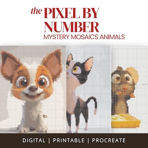Può includere: Arte digitale stampabile a mosaico misterioso di animali con cane, gatto e topo. L'immagine include il testo "the PIXEL BY NUMBER MYSTERY MOSAICS ANIMALS" in rosso. La parte inferiore dell'immagine include il testo "DIGITAL | PRINTABLE | PROCREATE".
