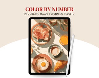 Spanish Breakfast Paint By Number Procreate-ready | Croissant & Coffee Aesthetic Coloring Page for adults