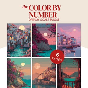 Puede incluir: Una colección de seis impresiones artísticas de "Color por Número" con escenas costeras con edificios, agua y puestas de sol. Las impresiones tienen una estética de ensueño, con colores suaves y un estilo pictórico. También se ve el texto "Dreamy Coast Bundle" y "6 Pages".