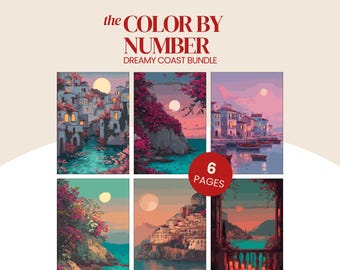 Dreamy Coast Paint By Number Bundle: 6 Mediterranean landscapes coloring pages | Digital, Printable & Procreate files
