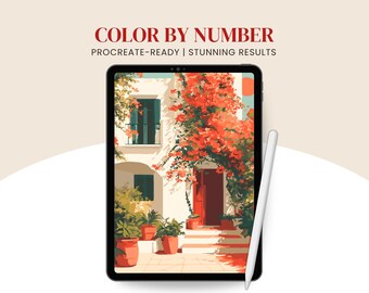 Op de afbeelding: Een digitaal kunstwerk op een tablet met een mediterrane woning met een rode deur en oranje bloemen. De tekst "COLOR BY NUMBER" en "PROCREATE-READY | STUNNING RESULTS" staat bovenaan. Een witte stylus ligt op de tablet.