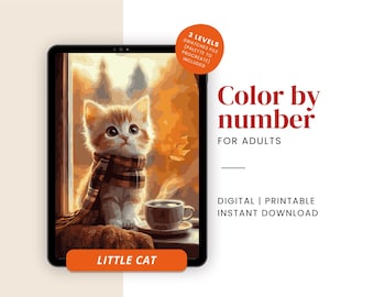Gatito para pintar por números / Colorear por números para adultos: kit digital e imprimible