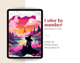 Strega colorata da colorare con i numeri / Colora con i numeri fantasy per adulti - Kit digitale e stampabile
