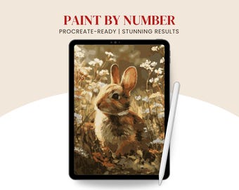 Bunny Paint By Number Procreate-ready, Spring easter coloring page for adults, digital download