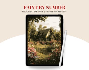 Op de afbeelding: Een tablet met een digitaal schilderen-op-nummer kunstwerk van een huisje omringd door bomen en bloemen, met een witte stylus aan de rechterkant. De tekst PAINT BY NUMBER PROCREATE-READY | STUNNING RESULTS staat boven de tablet.