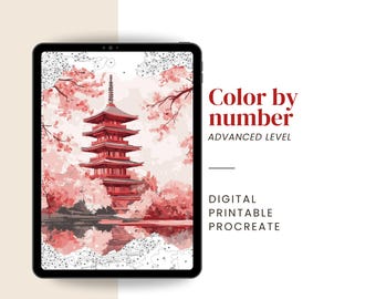Cherry blossom Paint by Number | Japanese Landscape page – Color by Number Digital & Printable Kit