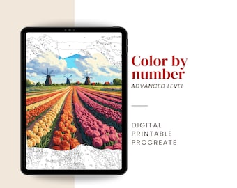 Tulip field Paint by Number | Floral landscape Color by Number for Adults – Digital & Printable Kit