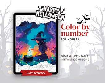 May include: Digital color-by-number artwork for adults, featuring a witch stirring a cauldron. The image is displayed on a tablet with the text "Happy Helloween" and "Midnightwitch". Includes bats and the words "Color by number for adults".