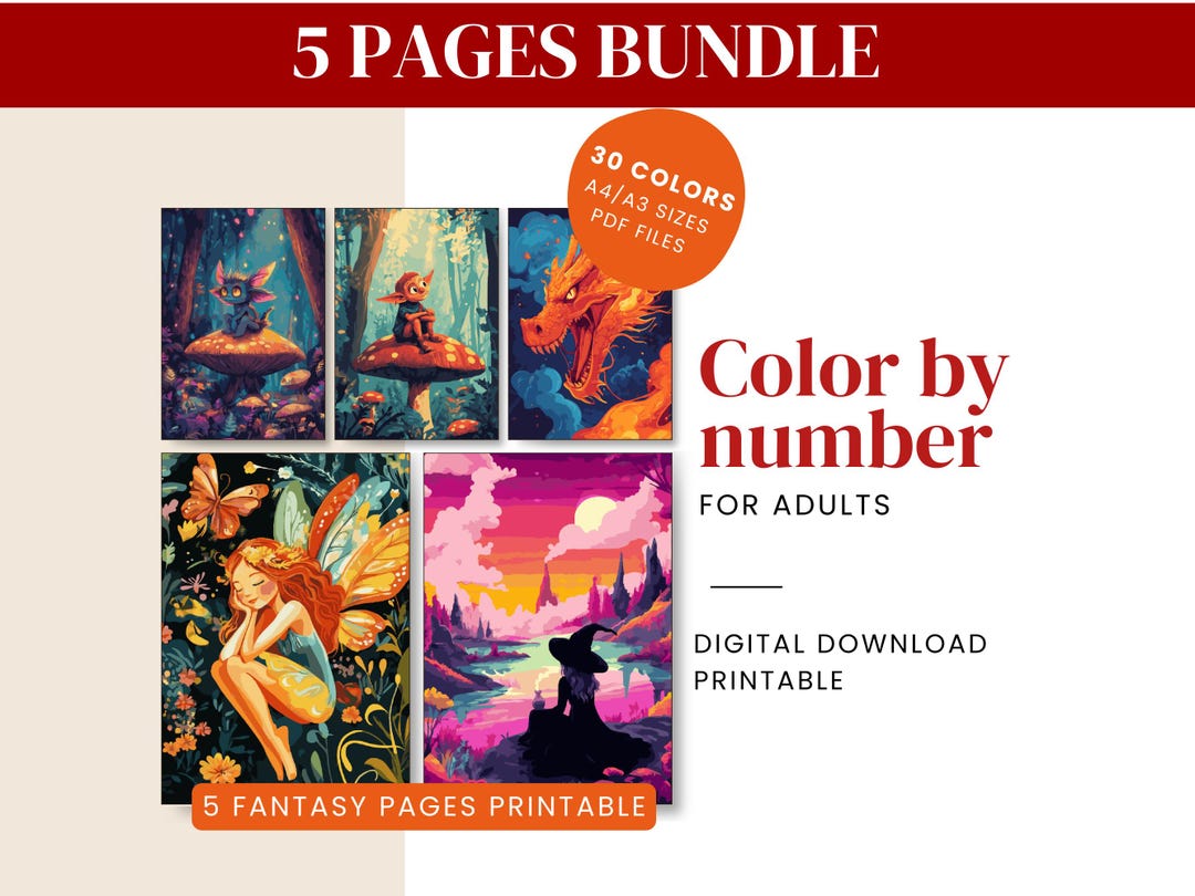 5 Fantasy Color by Number for Adults Bundle, Printable Color by Number ...