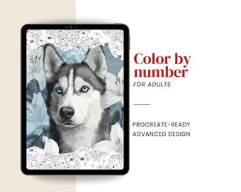 Procreate Paint By Number, Digital Coloring page for adults | Husky Dog Portrait