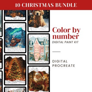 Pode incluir: Um pacote de kits de pintura digital com 10 imagens com tema natalino. As imagens incluem uma casa com neve, um cão usando um chapéu de Papai Noel, um trem, uma lareira, uma árvore de Natal e o Papai Noel. O texto diz "Color by number" e "Digital Procreate".