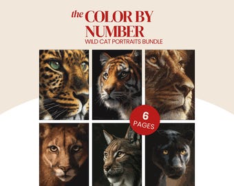 Procreate Paint by Number Bundle – 6 Wild Cats Coloring Pages for Adults, digital download
