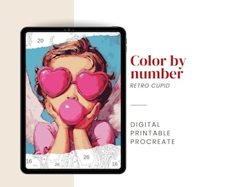Paint by Number Retro Cupid | Valentines Color by Number for Adults – Digital & Printable Kit