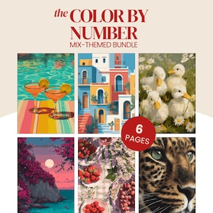 Pode incluir: Um conjunto de colorir por números com seis páginas distintas, o texto "the COLOR BY NUMBER MIX-THEMED BUNDLE" e um emblema circular vermelho com a inscrição "6 PAGES". As imagens incluem cocktails, edifícios mediterrânicos, patinhos, um pôr do sol, fruta e um leopardo.