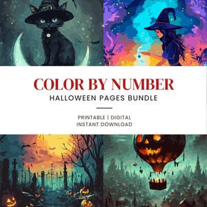 May include: A digital Halloween colour-by-number bundle. The image features four illustrations: a black cat in a witch hat, a witch, a spooky graveyard scene, and a hot air balloon with a jack-o'-lantern face. Text reads "COLOR BY NUMBER HALLOWEEN PAGES BUNDLE".