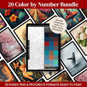 Pode incluir: Um pacote de arte digital com 20 páginas de colorir por números em formatos PNG e Procreate. A imagem mostra um tablet exibindo uma paleta de cores e uma imagem parcialmente colorida, cercada por várias obras de arte digital. O texto na imagem diz "20 Color by Number Bundle."