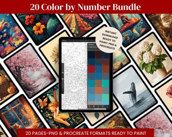 20 Color by Numbers Book | Digital Paint by number Kit adult | PNG and Procreate Coloring template & Palette