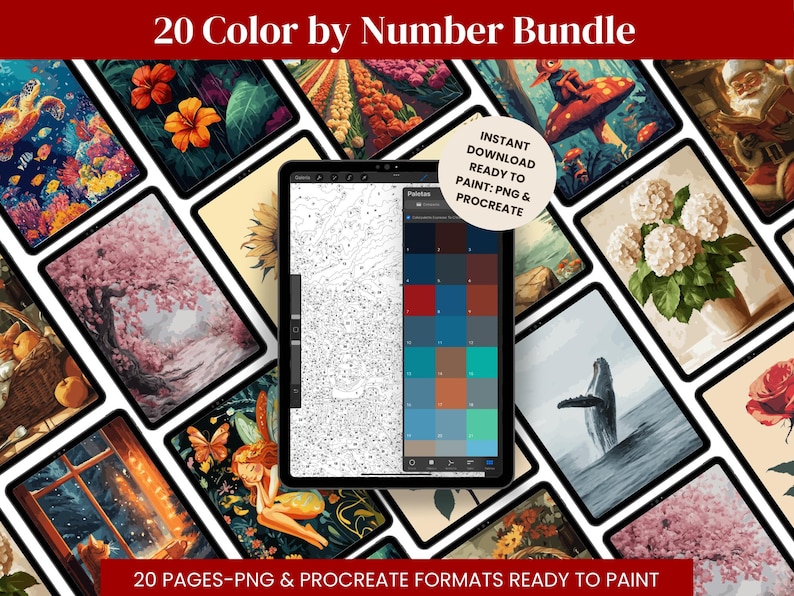 20 Color by Numbers Book | Digital Paint by Number Kit Adult | PNG and ...