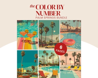 Palm Springs Paint By Number procreate bundle: 6 Retro Summer vibes coloring pages (Instant download)