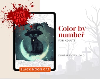 Black cat Paint by Number | Halloween Color by Number for Adults – Digital & Printable Kit