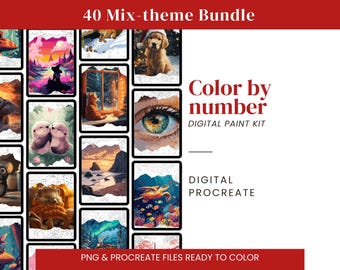 40 Color By Number BOOK: 40 Mix-Theme Coloring pages for digital paint (PNG & Procreate files)