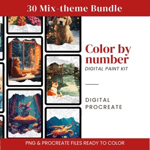 Könnte beinhalten: Ein digitales Malset-Bundle mit 30 Bildern mit gemischten Themen. Die Bilder zeigen Tiere, Landschaften und Fantasieszenen. Der Text auf dem Bild lautet "Color by number" und "Digital Paint Kit".