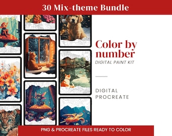Digital Color By Number for Procreate Book: 30 Mix-Theme Coloring pages (PNG & Procreate files)