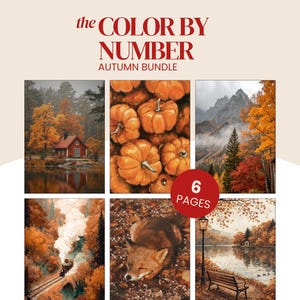 Peut inclure: Un ensemble de coloriage par numéro sur le thème de l'automne comprenant six scènes distinctes : un chalet rouge au bord d'un lac, des citrouilles orange, une montagne, un train à vapeur, un renard et un banc de parc, avec le texte 6 PAGES.