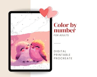 Valentines Color By Numbers for adults | Paint by numbers – Digital & Printable Kit | "Birds in love"