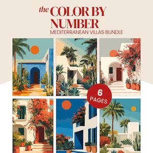 Pode incluir: Impressão artística do pacote de vilas mediterrânicas Color by Number. A imagem apresenta seis ilustrações coloridas de vilas mediterrânicas com palmeiras, sóis laranja e flores vibrantes. O texto "6 PAGES" está em um círculo vermelho.