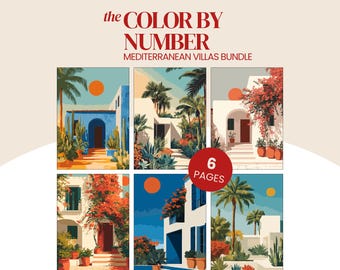 Mediterranean Villas Paint By Number Bundle: 6 coastal house coloring pages | Digital, Procreate & Printable