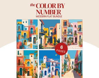 Modern Flat Paint By Number Bundle Procreate-ready : 6 colorful architecture artworks | Digital & Printable files