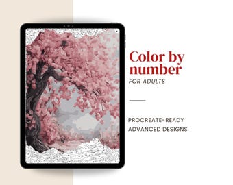 Procreate Paint By Number, Digital Coloring page for adults | Cherry Blossom