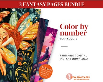 3 Fantasy Color by Number Bundle for adults , Paint by Numbers Bundle, Fantasy coloring book printable PDF or digital, Procreate coloring