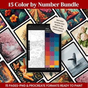 Pode incluir: Um pacote de arte digital com 15 páginas para colorir por números nos formatos PNG e Procreate. A imagem mostra um tablet exibindo uma paleta de cores e uma ilustração parcialmente colorida, cercada por várias pinturas digitais concluídas. O texto na imagem diz "15 Color by Number Bundle."