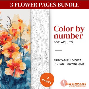 3 Flower Color by Number for adults Pages, Paint by Numbers Bundle, Floral coloring book printable PDF or digital, Procreate coloring