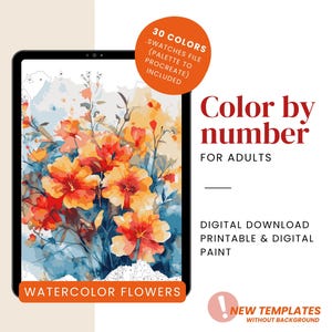 Color by number for adults, Watercolor flower Paint by Number Print, Coloring Page printable or digital paint, Instant download, Procreate