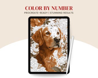 Op de afbeelding: Een digitale kleur-op-nummer afbeelding op een tablet, met een portret van een golden retriever hond. De afbeelding heeft een witte stylus en de tekst "COLOR BY NUMBER PROCREATE-READY | STUNNING RESULTS" in het rood.