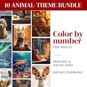 10 Coloring by Numbers Pages, Animal Paint by Number Bundle, Coloring book printable & digital paint, Numbered painting for adults,Procreate