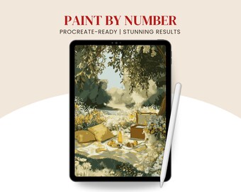 Spring Picnic Paint By Number for Procreate, Cottagecore coloring page for adults (Digital download)