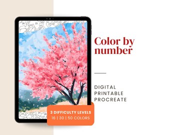 Sakura Tree Paint by Number for Adults – Digital  Color by Number for Procreate Set – 3 Difficulty Levels (16, 30, 50 Colors)