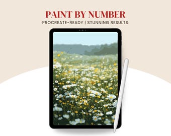 Daisy Field Paint By Number Procreate, Widlflower meadow coloring page for adults (Digital download)