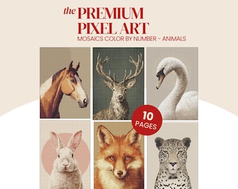 Op de afbeelding: Pixel art mozaïeken met dieren, waaronder een paard, hert, zwaan, konijn, vos en luipaard. De tekst luidt "The Premium Pixel Art" en "Mosaics Color by Number - Animals". Een rode cirkel geeft "10 Pages" aan.