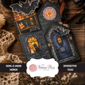 May include: A paper craft interactive folio titled Howl-O-Ween Manor featuring a dark house design with a purple door, a black cat, a ghost, a bat, and a stained glass window. The folio includes the text Enter if you Dare and Vintage Press Studio.