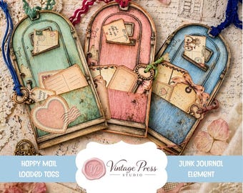Happy Mail Loaded Tags, Junk Journal Ephemera, Folio Tags, Printable PDF Paper Craft