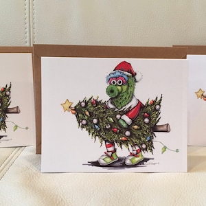 Pacote de 3 cartões de felicitações de Natal fanáticos desenhados à mão, cartão de Natal para fãs de esportes da Filadélfia, árvore de Natal fanática dos Phillies, mascote de beisebol da Filadélfia