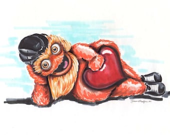 Print of pencil and marker illustration of Philadelphia Flyers’ mascot Gritty holding a heart one and only original artwork unique Philly